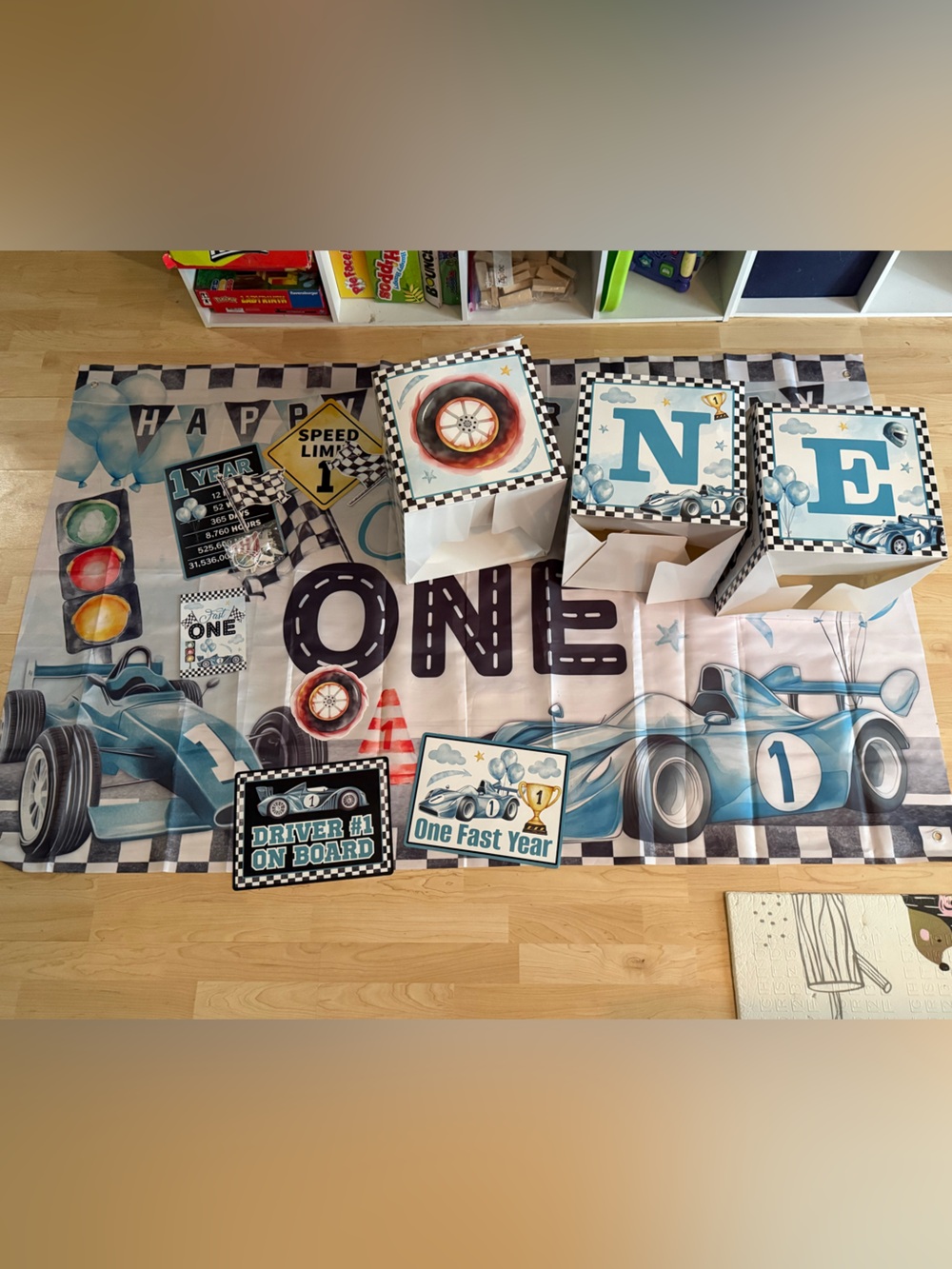 First Birthday Party Backdrop and Decor Set One year old Blue Racecar